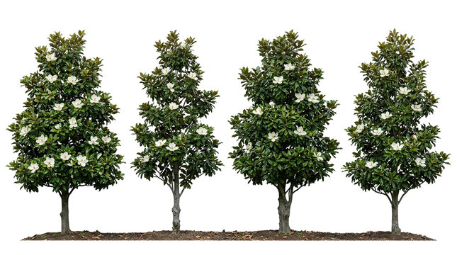 Magnolia grandiflora, tree, isolated, white flower, evergreen, garden, landscape set of four blooming trees with lush foliage and white blossoms for architectural rendering and design.