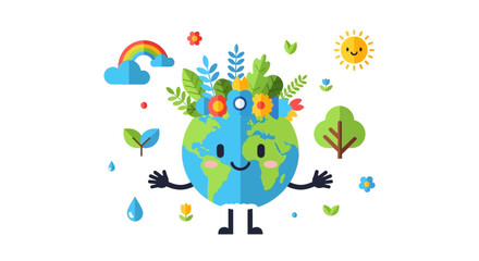 Fototapeta premium Smiling Earth surrounded by lush greenery and vibrant flowers in a whimsical illustration
