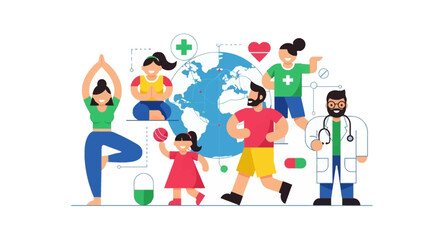 People Practicing Yoga and Healthy Living Around the Globe Vector Illustration