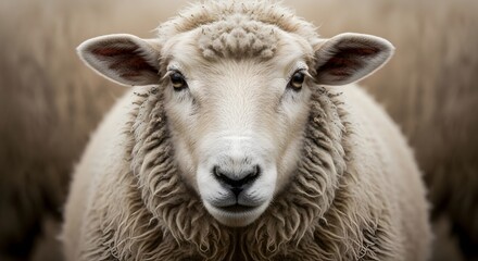 Obraz premium Close-up portrait of a fluffy sheep's face, highlighting its textured wool and gentle eyes against a softly blurred background, evoking a sense of pastoral serenity