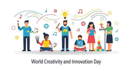 Fototapeta premium Diverse group celebrating World Creativity and Innovation Day with creative symbols and colorful graphics