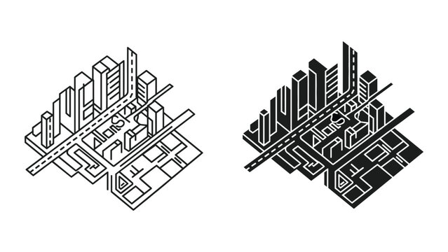 Isometric Cityscape with Roads and Buildings, Outline and Silhouette Duo, Modern Urban Planning Concept