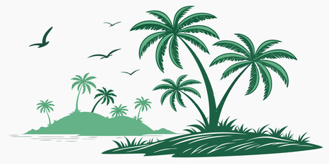 Exotic tropical island with palm trees and birds flying in the sky Vector © ADOBE