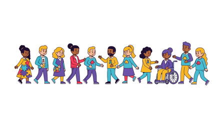 Diverse group of people walking together in unity, including a person in a wheelchair, vector illustration