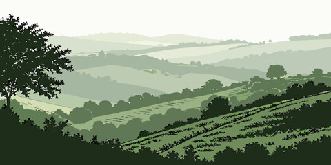 A serene landscape of rolling green hills and a winding river under a cloudy sky Vector © ADOBE