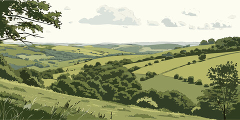 A panoramic view of a lush green valley with rolling hills and a clear blue sky. Vector © ADOBE