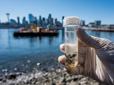 Scientist holding water sample with sediment in test tube against city skyline background
