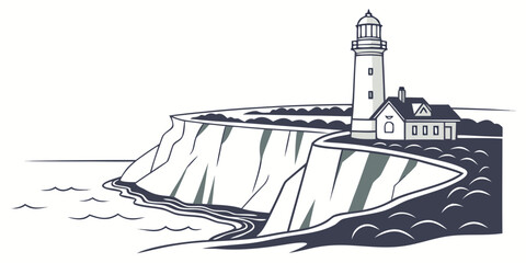 A solitary lighthouse stands tall on a rocky cliff, overlooking the vast ocean. Vector © ADOBE