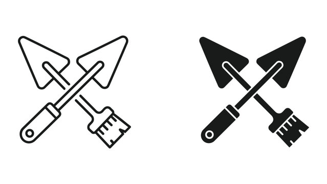 Construction Tools Icon: Crossed Trowel and Brush, Line Art and Solid Fill