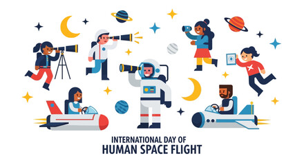Naklejka premium Celebrating International Day of Human Space Flight with Astronauts Exploring Cosmos from Spacecraft