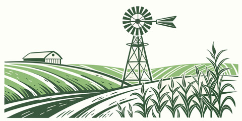 A farmer with a pitchfork stands in a lush green field under a clear blue sky. Vector © ADOBE