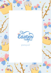 Festive Easter greeting card with decorative Happy Easter text in blue script and pink flower accent, surrounded by colorful border of baskets with eggs, cakes, butterflies, branches, and pastel