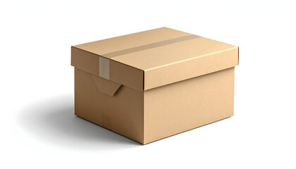 A closed, brown cardboard box, lid slightly ajar, casting a shadow on a white background