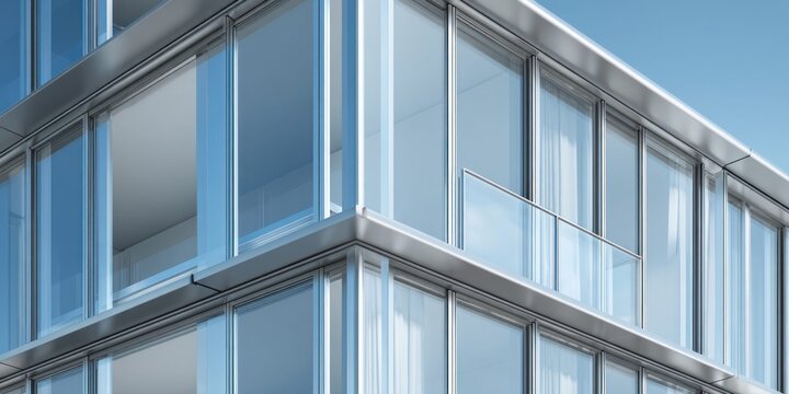 Modern glass building facade with clean lines and reflective surfaces against a clear blue sky