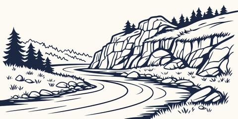 A serene river winding through a mountainous landscape with lush greenery. Vector