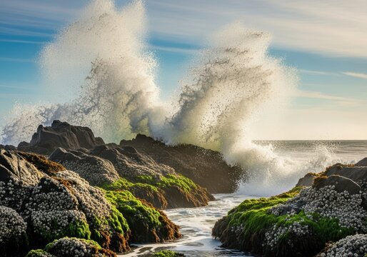 Waves break against rough coastal rocks covered in green algae and barnacles under a bright summer sky near the ocean shore, shore, brown, blue