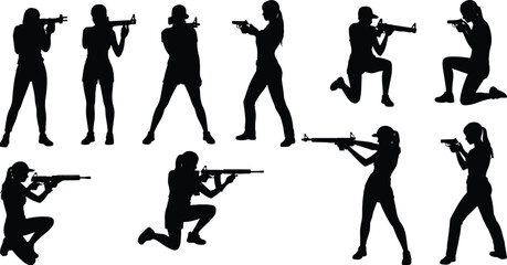 Fototapeta premium Female soldier tactical poses silhouette collection with rifle and handgun combat action stance set