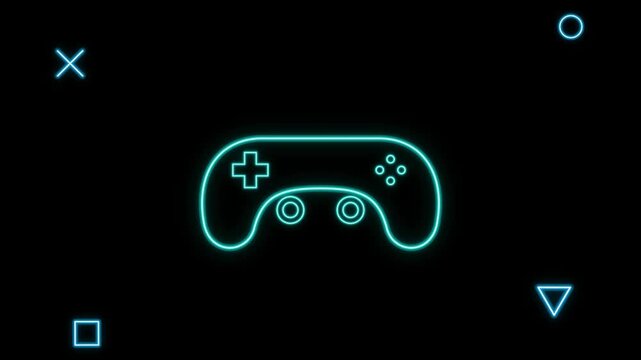 Blue neon gamepad icon with geometric symbols. 4K Video