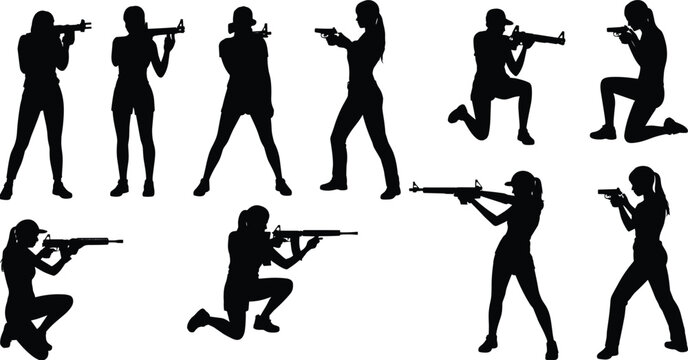 Female soldier tactical poses silhouette collection with rifle and handgun combat action stance set