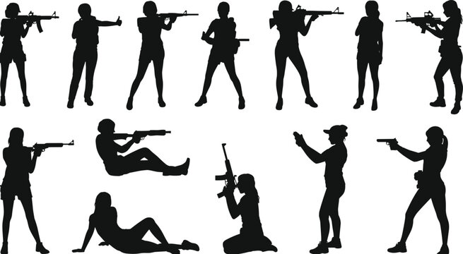 Female soldiers and tactical officers silhouette collection with weapons isolated on white background action poses
