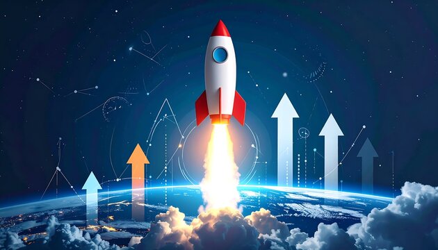Rocket launches into space above Earth, surrounded by rising arrows, representing upward growth and cosmic exploration