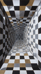 Naklejka premium Optical illusion hallway with alternating black, white, and gold tiles