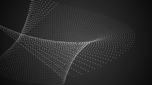 Abstract deep space gradient animation featuring thousands of glowing particle dots arranged in a flexible mesh sheet that curls and wraps through space.