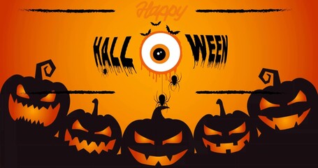 Displaying centered row of carved pumpkins glowing across lower frame, with cyclops eye and spiders