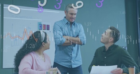 Leading man in light blue shirt addressing team in meeting room with whiteboard and papers © vectorfusionart