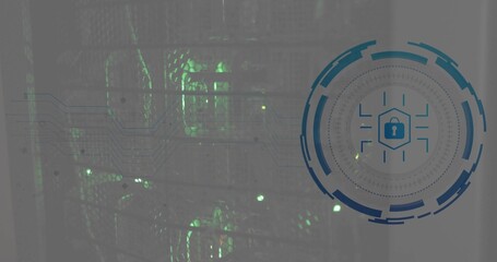 Naklejka premium Showing server rack with mesh door, cooling fans, green LEDs and security graphic, copy space