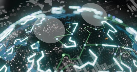 Rotating digital globe showing neon network lines, nodes and bar charts in virtual space © vectorfusionart