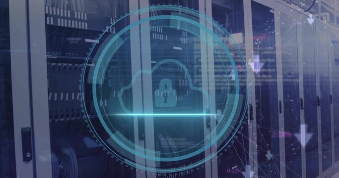 Displaying cloud-lock HUD hovering over glass-fronted racks, with server blades and LED lights