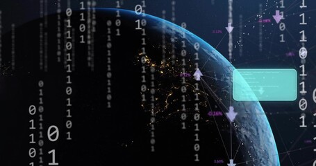 Fototapeta premium Displaying partial Earth globe night-side showing city lights from orbit, with binary streams, HUD