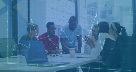 Reviewing documents, six colleagues in casual wear at meeting table with laptop and chart overlay