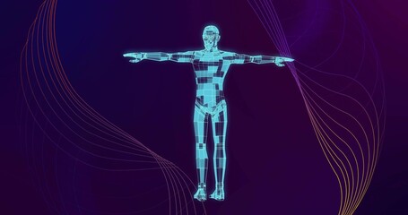 Standing cyan wireframe humanoid showing T-pose in virtual studio, with mesh panels and ribbons