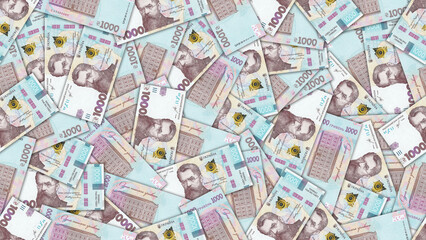 Fototapeta premium Finance illustration. Seamless pattern. Disorganized scattered paper banknotes of 1000 hryvnias Ukraine. Ukrainian money. Textured background or wallpaper. Obverse and reverse. Bills