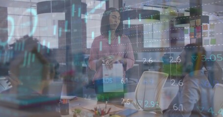 Presenting woman wearing business attire holding report at office table with market charts