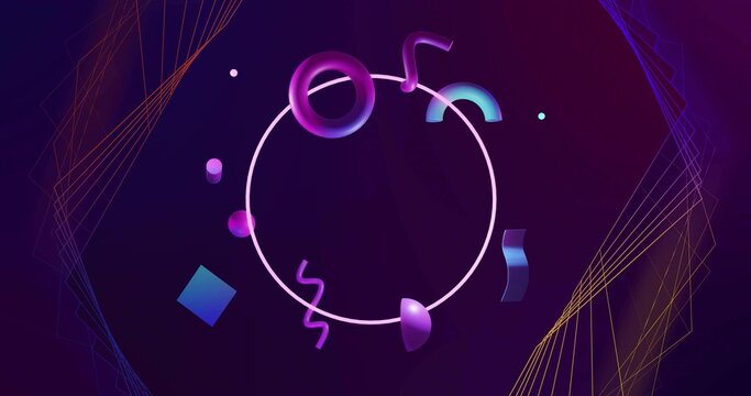 Floating pale-pink ring featuring purple torus, cyan half-torus, neon ribbons on deep purple canvas
