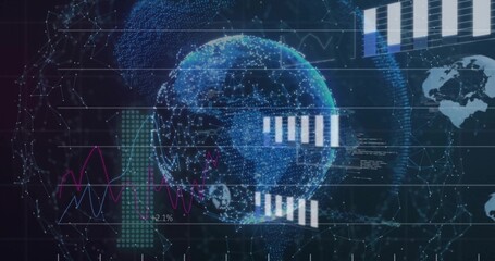 Fototapeta premium Displaying 3D Earth hologram rotating in virtual dashboard, showing line chart, bars, code overlays