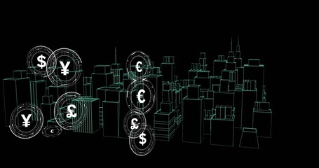 Glowing cyan wireframe cityscape receding right on black, showing HUD tokens $ &euro; &pound; &yen; &cent;