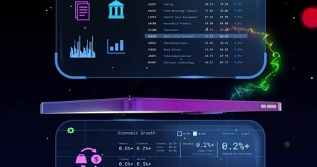 Fototapeta premium Floating slim purple-magenta smartphone gliding across cyber-styled dark space showing HUD panels