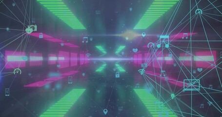 Fototapeta premium Glowing neon tunnel receding toward center in cyberspace with floating icons and wireframe mesh