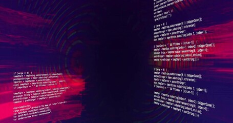 Naklejka premium Framing central dark tunnel opening, magenta neon strips projecting code panels radial scanline