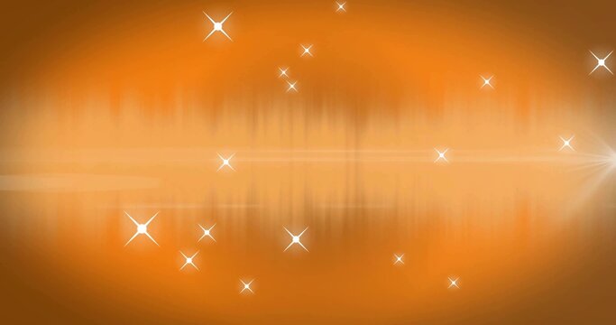 Shining white stars clustering near center light band on orange gradient, radial flare, reflection