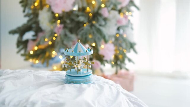 Small blue carousel with horses on white cloth, blurred festive tree with lights background