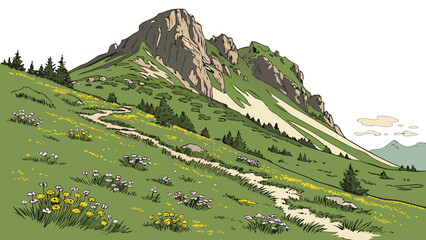 A green mountain with flowers on the side Vector © RABBYMIA