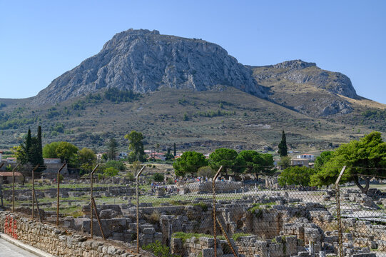Archaeological site of Ancient Corinth below Acrocorinth, Greece  