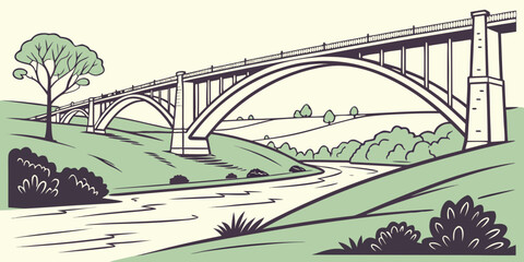 A picturesque bridge spanning over a serene river with lush greenery on both sides Vector © RABBYMIA