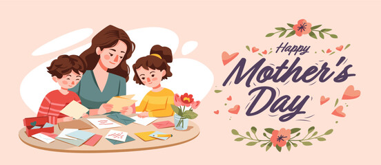 Fototapeta premium Mother's Day family celebration mom children making greeting cards flowers hearts pastel background website banner
