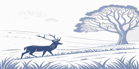 A majestic reindeer gracefully running through a serene winter forest landscape Vector © RABBYMIA